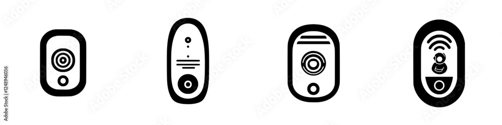 Poster collection of four minimalistic remote control icons showcasing different button designs and feature