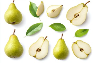 Green pears, slices, leaves, white background, food collage