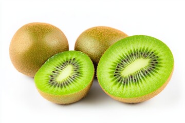 Studio shot of halved and whole kiwifruit on white