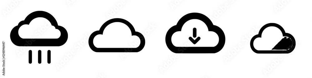 Poster different cloud symbols representing weather conditions and digital cloud storage options displayed 