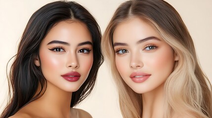 A beauty shoot of two models with contrasting makeup styles--one with dramatic smoky eyes and a bold burgundy lip, and the other with natural, dewy makeup and soft peach tones
