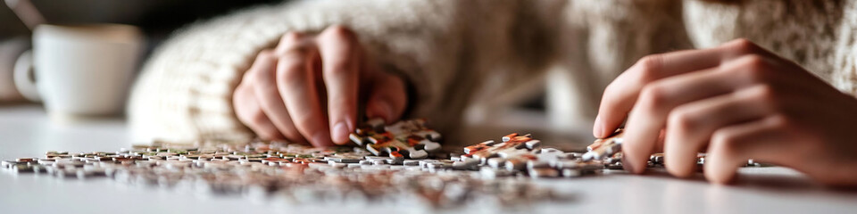 Naklejka premium Close-up of Hands Assembling Jigsaw Puzzle