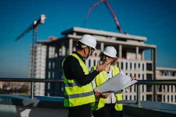 Two architects in safety gear are discussing building plans at a construction site. They are...