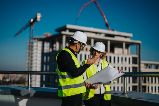 Two architects in safety gear are discussing building plans at a construction site. They are focused on the blueprints while standing in front of an unfinished structure.