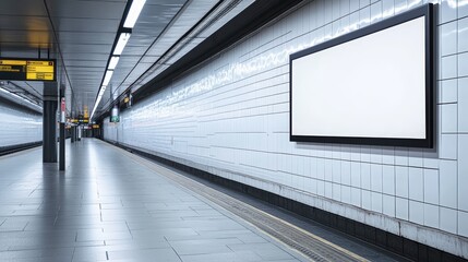 Obraz premium Empty Underground Station in London with Blank White Advertising Space on Wall Surrounded by Clean Tiles and Modern Lighting Fixtures