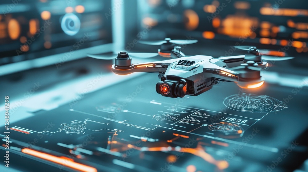 Poster high tech drone equipped with cameras and sensors, hovering above a digital interface displaying sch