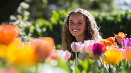 Naklejka premium Enjoying the Beauty of Colorful Tulips in a Vibrant Flower Garden