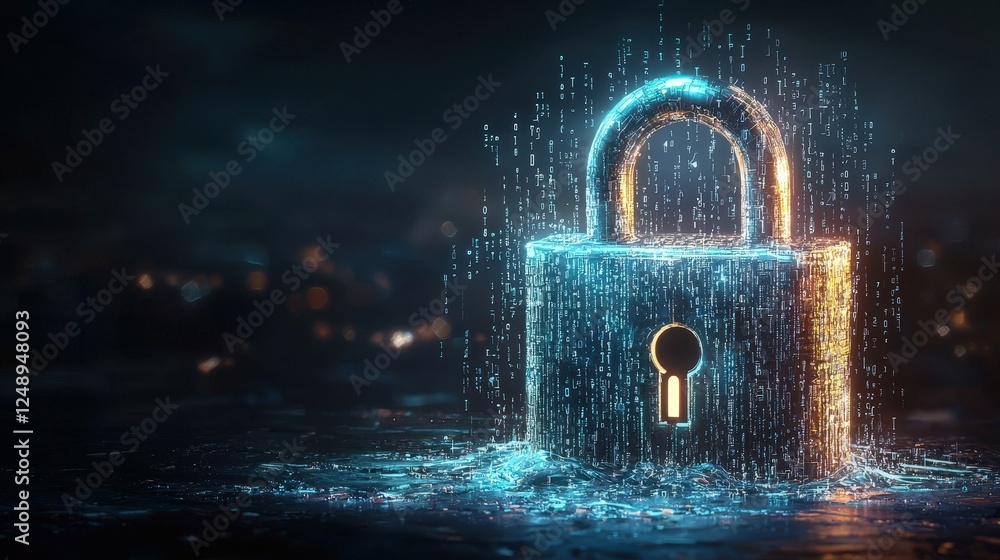 Poster shiny digital lock surrounded by glowing data streams