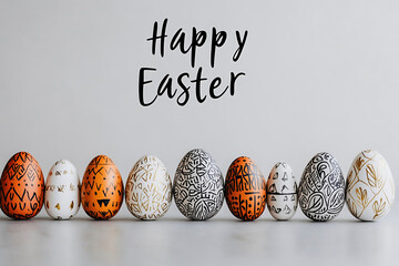 Happy Easter, elegant black and white hand-painted eggs with festive greeting card