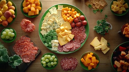 Colorful assortment of fruits, vegetables, cheeses and meats on serving trays.