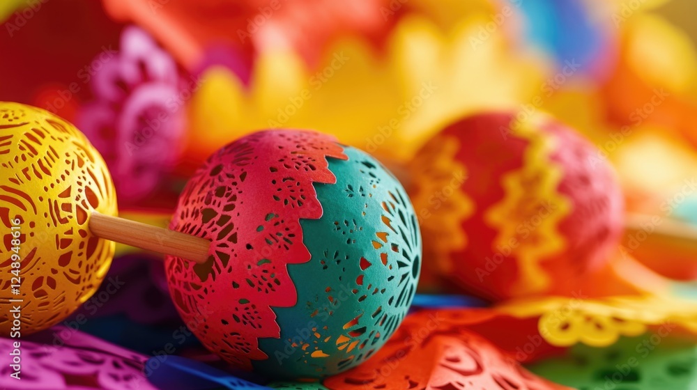 Aufkleber a colorful assortment of paper lanterns and balls are arranged on a table. the balls are of differen