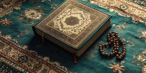 Decorative religious books on an oriental rug with beads and prayer string