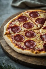 Slice of delicious pepperoni pizza on a wooden board