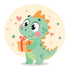 cute dinosaur dragon holding gift box illustration for kids