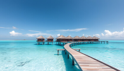 Water villas on wooden pier in turquoise ocean on the white sand beach, Dreamy. with white shades