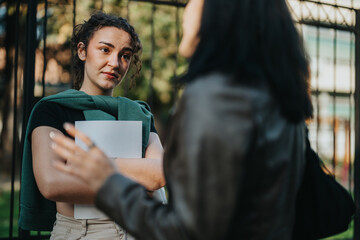 A young woman listens intently to another person during an open-air discussion, expressing emotions.