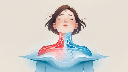 A serene health illustration of a person exhaling deeply, with soothing blue waves emanating from their chest, dissolving pain in tense shoulders, set against a soft creamy background.