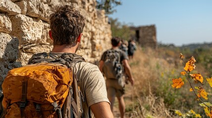 Naklejka premium Group of Adventurous Hikers Trekking Through Nature with Scenic Surroundings and Vibrant Wildflowers