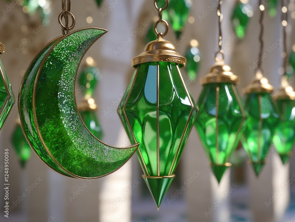 Poster a row of green glass lanterns hang from the ceiling, with one of them featuring a green moon. the la