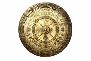 Antique brass clock, ornate detail, isolated, white background, historical design