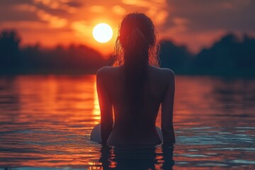Fototapeta premium Silhouette of a Young Woman by the Sea at Sunset Capturing Peaceful Relaxation and Natural Beauty