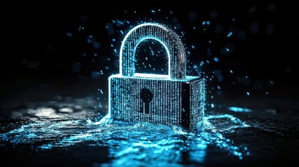 Glowing Digital Lock in Water Splash with Blue Light Effects