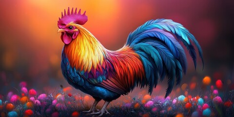 Fototapeta premium Vibrant Portrait of a Majestic Rooster Set Against a Surreal Kaleidoscope of Colors and Luminous Florals in a Photorealistic Style