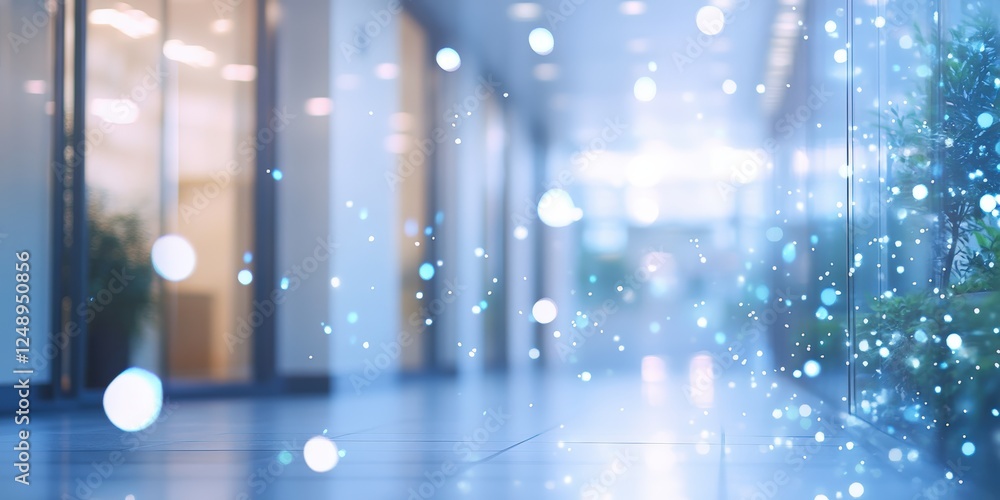 Poster blurred background of an office building with glass reflections and soft glowing lights in a modern 