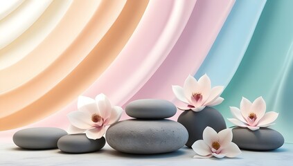 soft pastel gradient background with magnolia flowers and large stones for meditation themes