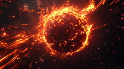 Obraz premium Fiery Solar Explosion Illuminates Dark Space, Showcasing Dynamic Energy and Vibrant Colors