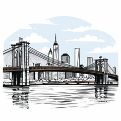 Brooklyn Bridge. Brooklyn Bridge hand-drawn comic illustration. Vector doodle style cartoon illustration