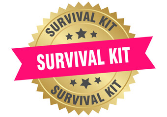 survival kit. survival kit round pink and gold label isolated on transparent background