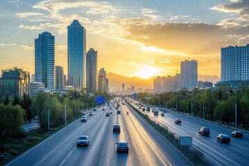 Fototapeta premium City Highway Traffic at Sunset: Vehicles Drive Through Modern Urban Landscape with Skyscrapers