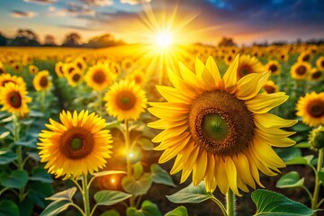Fototapeta premium Aerial View of a Vast Sunflower Field with Bokeh Effect - Stunning Summer Landscape