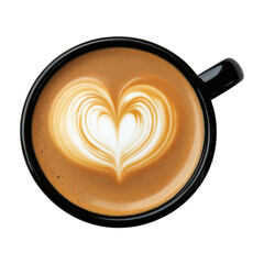 Heart-shaped latte art in black cup on transparent background