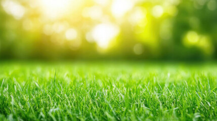 Vibrant green grass in close up with soft focus, creating serene atmosphere. sunlight enhances lushness, evoking sense of tranquility and nature beauty