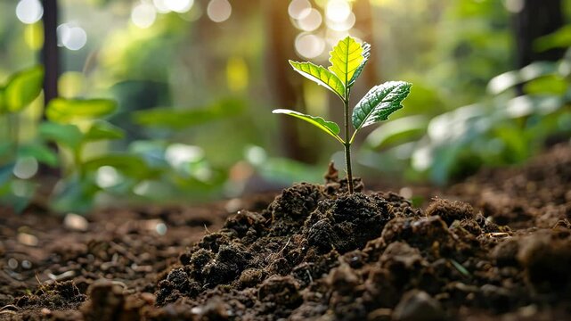 Single sapling poised in soil against a green forest, symbolizing World Environment Day reforestation
