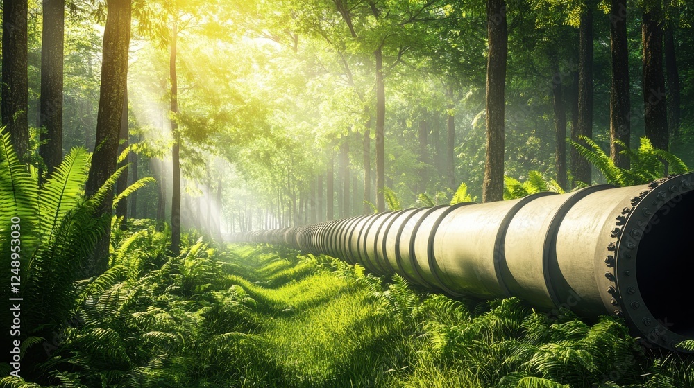 Poster serene forest landscape featuring a large pipeline amidst lush greenery and soft sunlight filtering 