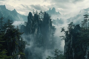 Misty Mountains: Majestic Peaks Rise Above Clouds in Breathtaking Landscape, Ancient Trees Adorn Cliffs.