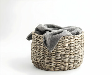 Obraz premium Gray blanket in wicker basket, white background, studio shot, home decor