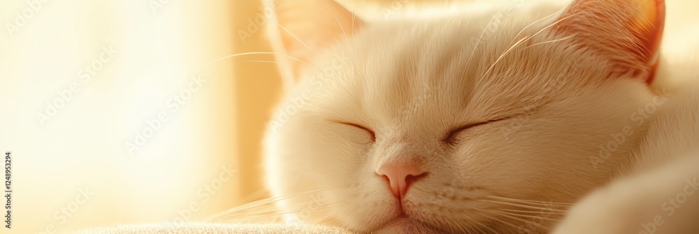Aufkleber adorable white cat sleeping with closed eyes, enjoying a peaceful moment of rest in the warm, soft s