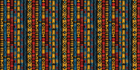 Obraz premium Colorful african-inspired geometric patterned fabrics in red, yellow, and blue