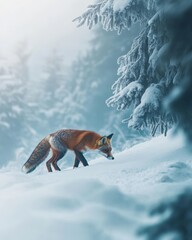 A red fox sneaking through a snowy landscape
