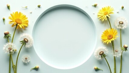 Fototapeta premium Round frame decorated with dandelions on white background with space for text, card template