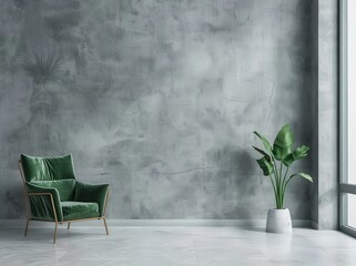 Minimalist living room interior with a green velvet armchair. potted plant. and a large window overlooking a city view