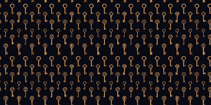 Vintage brass keys pattern on black background
