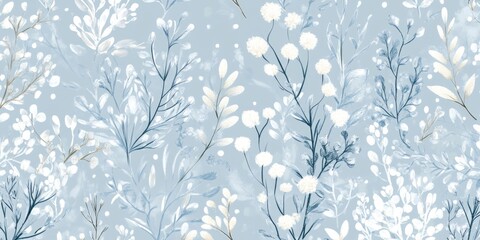 Blue and white winter floral wallpaper with stylized peonies and snowflakes, ideal for home decor.