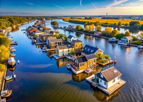 Aerial View of Floating Houses & Boats, Scheendijk, Netherlands - Calm River Scene