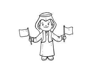 Cartoon character dressed in Arab Middle Eastern clothing, holding flags.