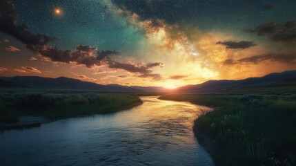 Fototapeta premium A river flowing through a serene meadow under a star-filled sky